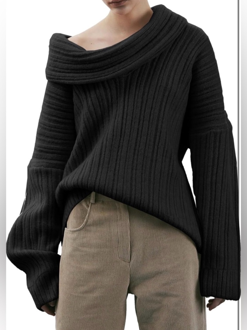 Off Shoulder Oversized Knit Pullover Sweater Batwing Boat Neck Black NWT M